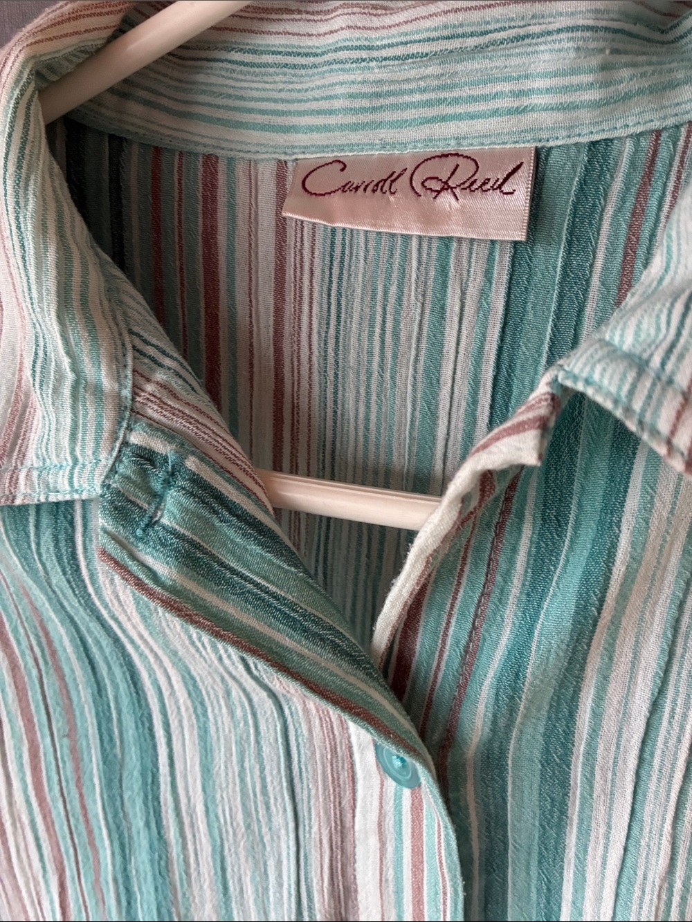 Vintage Carol Reed Boxy Striped Button Up Shirt Aqua - Linen - Picture 3 of 9